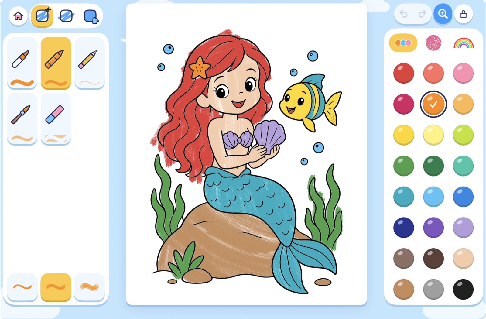 Actual DoodleBloom iPad interface with a colored mermaid, crayon tools and a paint palette.