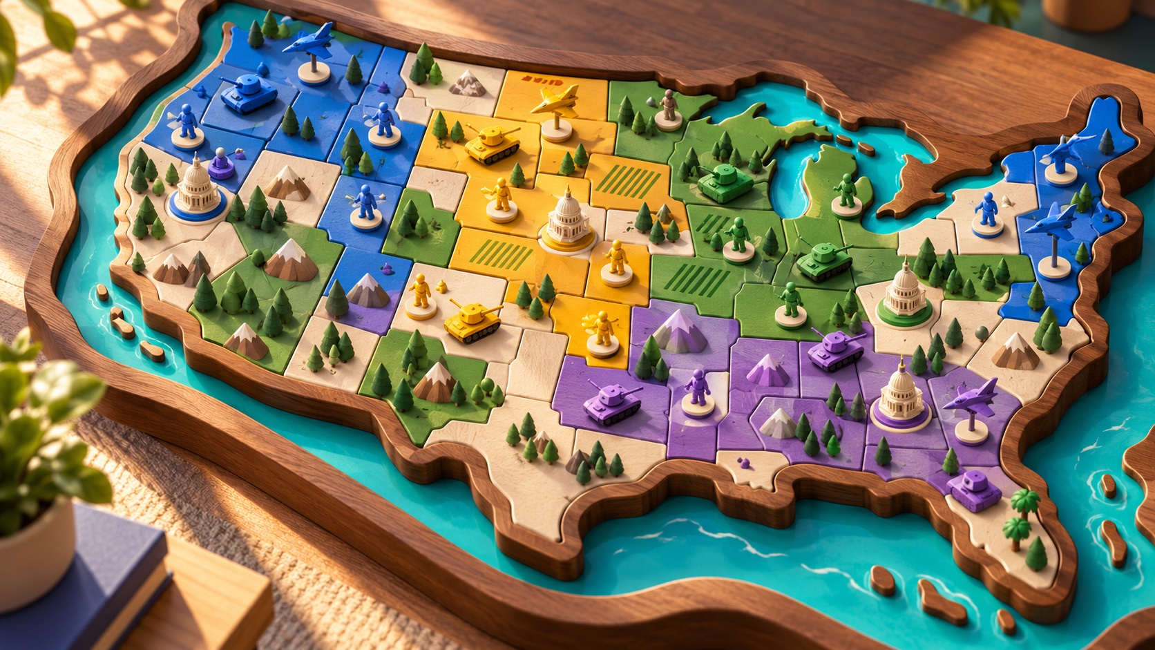 Modern toy armies on Tin Empires’ colorful America board.